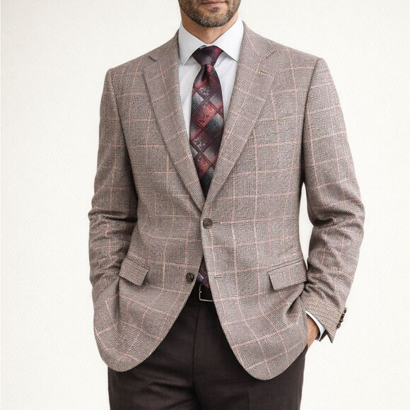 Ermenegildo Zegna Jacket Sport Coat 44R Wool Beige Coral Glen Plaid Blazer Italy